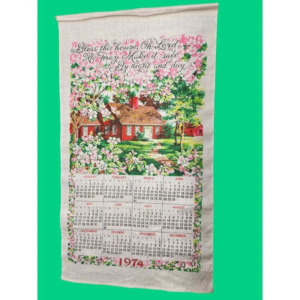 VTG 1974 Calendar Tapestry With Floral Cottage &‎ Bless This House O Lord Quote